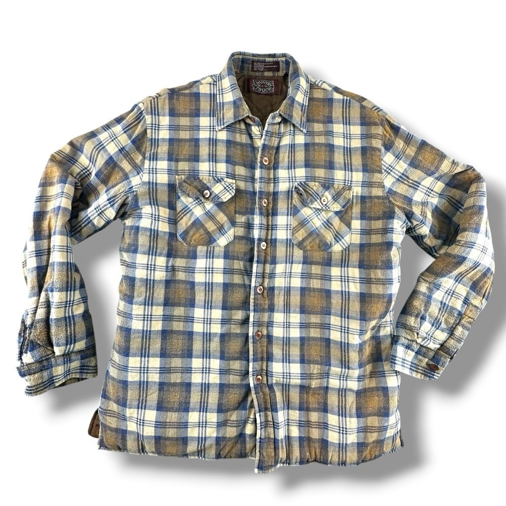 Country Touch Vintage Quilted Lined Plaid Shirt Jacket Size L Brown Blue White